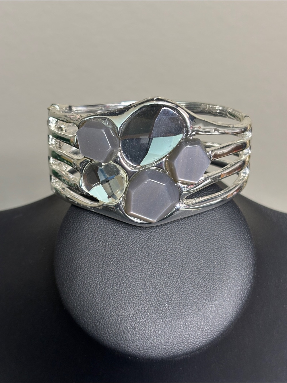 RLM SoHo Silver-Tone Gray Smoky Crystal Multi-Stone Chunky Statement Bracelet
